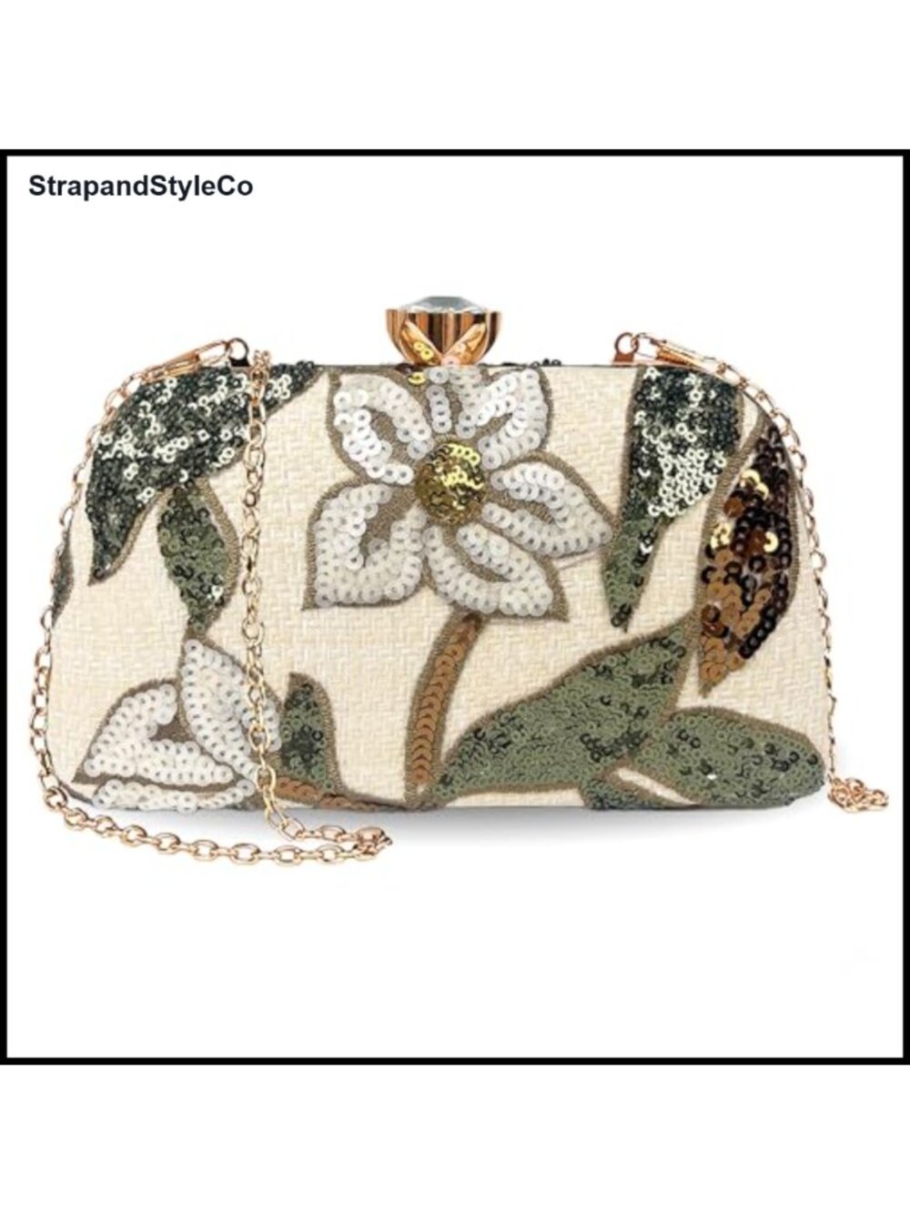 Beaded Sequin Floral Clutch Evening Bag with Gold Plated Alloy Chain Strap